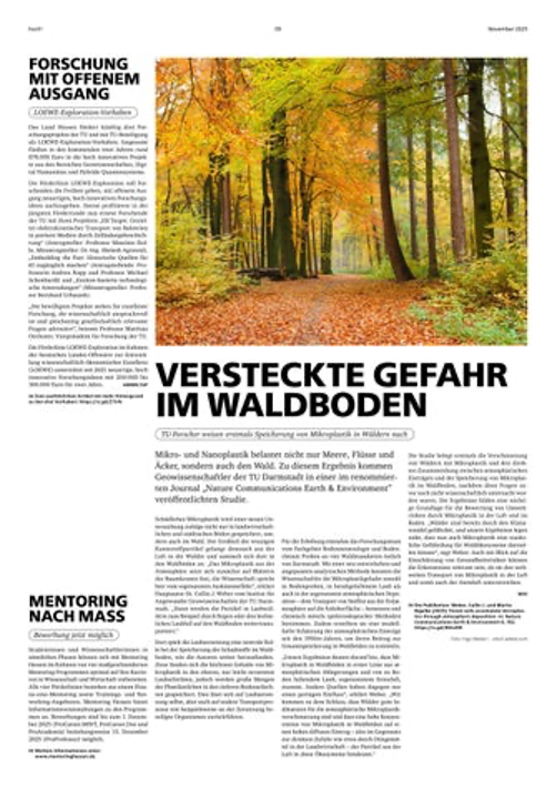 Abbildung einer Seite aus der Hoch3 der Universitätszeitschrift der TU Darmstadt mit dem Bild eines Waldes im Herbst und diversen Artikeln mit Überschriften und Fließtext